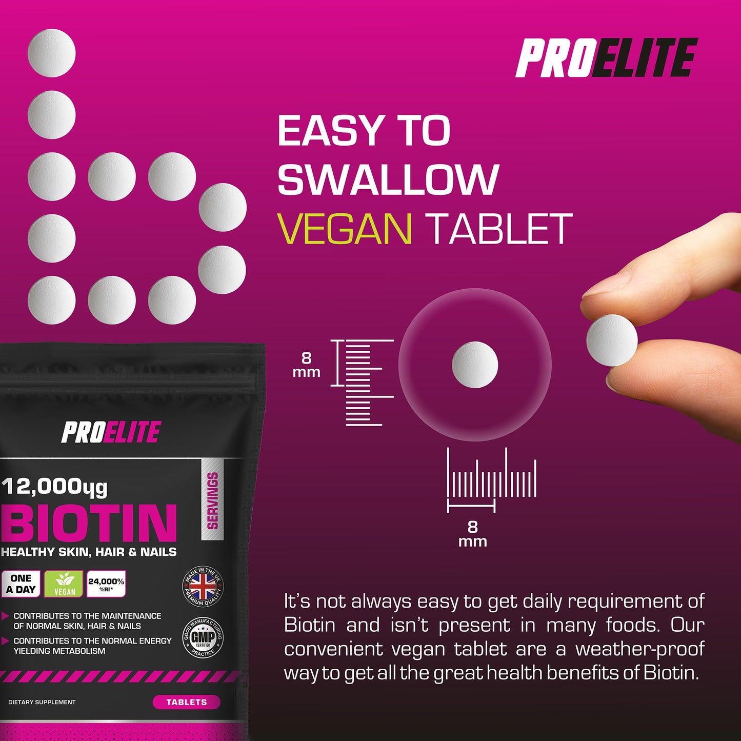Biotin Hair Growth Supplement 12,000mcg - 180 Vegan High Strength Biotin Tablets - Hair and Nails Vitamins for Women & Men - Supports Hair, Skin & Nail Growth Vitamin B7 Tablets - PROELITE