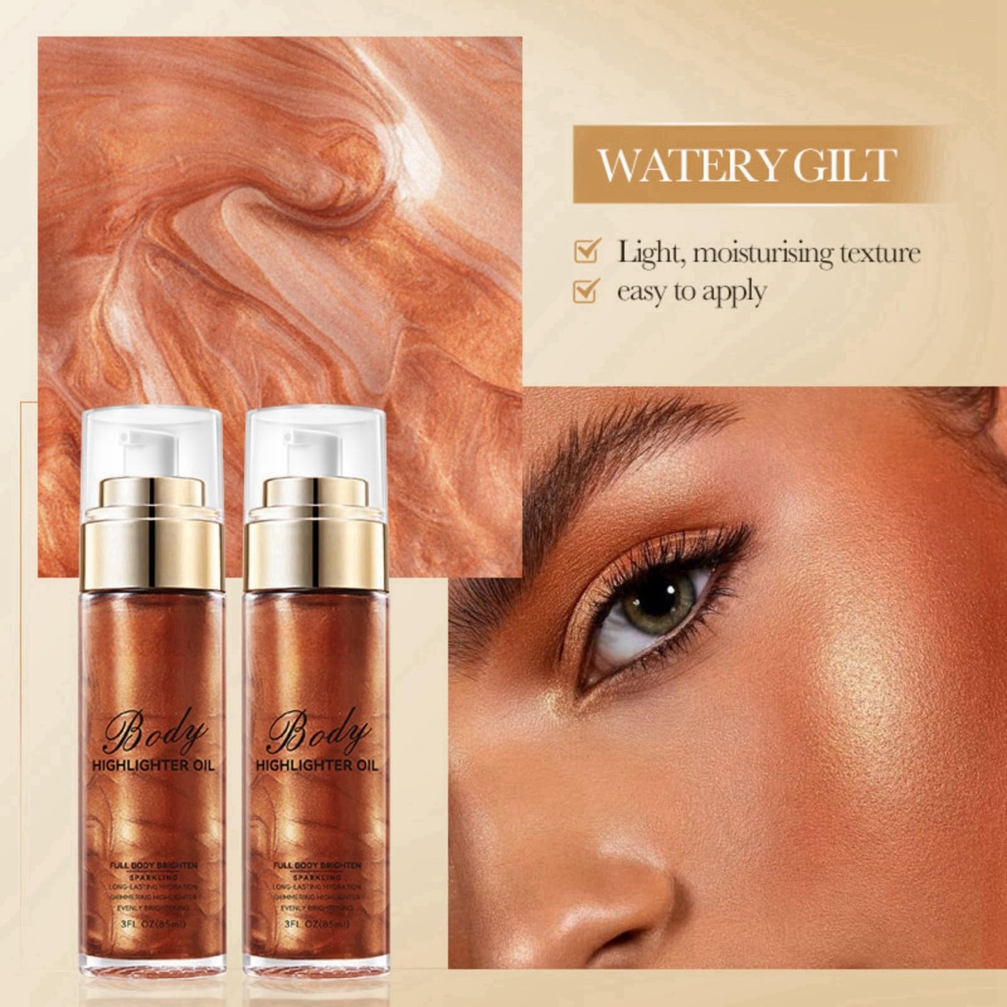 HIVETZ Body Shimmer Oil,Moisturizing Body Highlighter Makeup,Waterproof Liquid Luminizer, Non-Sticky Body Glow Shimmer Lotion,Body Smooth Light Shimmer Glow Oil for Face and Body,80ml (#04-Golden Brown)
