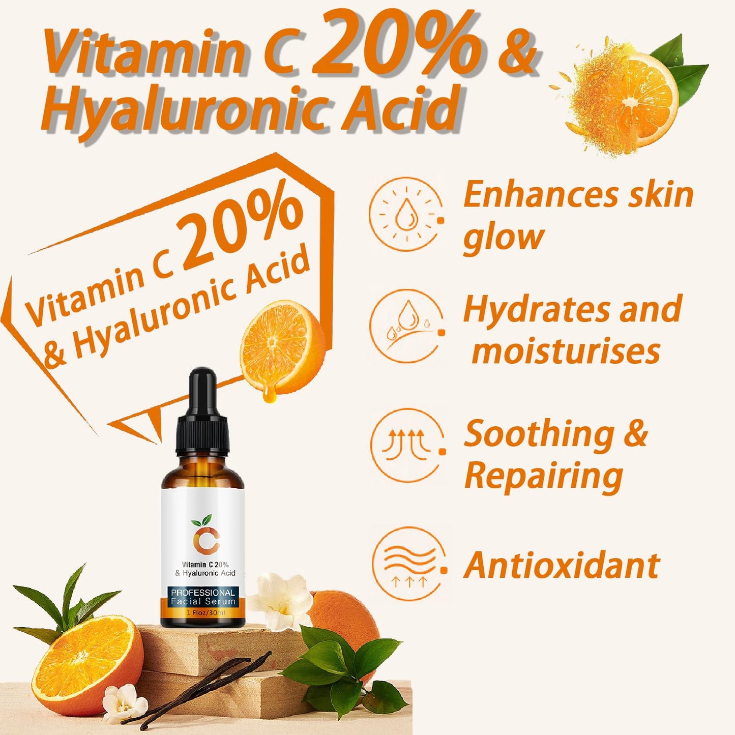 YUYUE-YY Vitamin C Serum, Face Serum for Women With 20% Vitamin C, Shinning & Antioxidant Serum, Powerful Antioxidant Protection, Brighter & Smoother Skin, includes Hyaluronic Acid for Women and Men