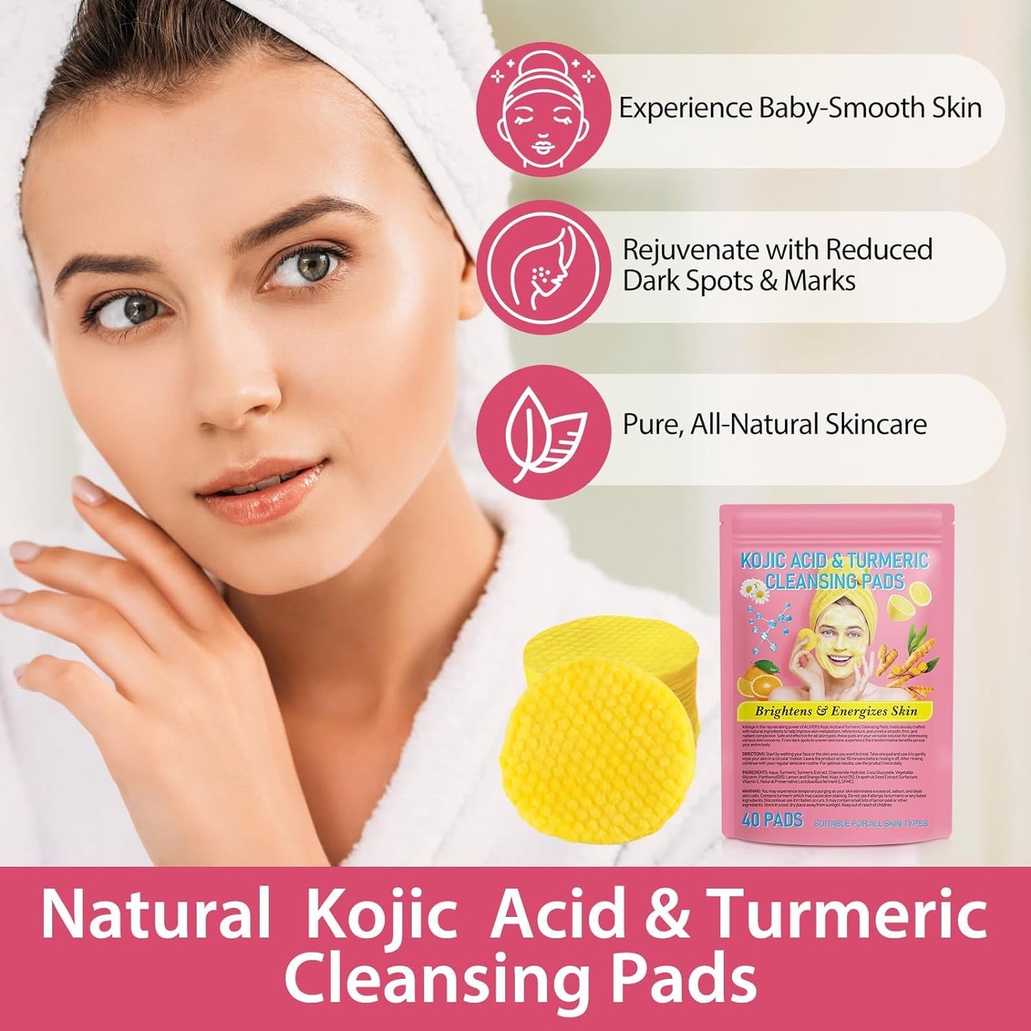 Generic Turmeric Kojic Pads, Natural Turmeric & Kojic Acid Pads Cleansing Pads, 40PCS Turmeric Cleansing Pads for Dark Spots, Balance Skin Oil And Water, Turmeric & Kojic Acid Exfoliating Pads (40PCS)