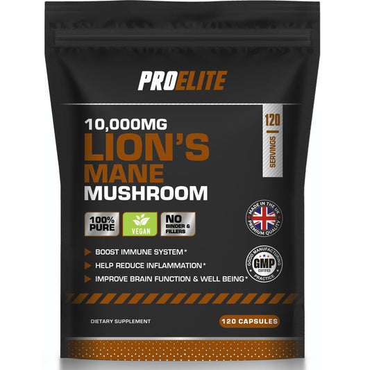 Lions Mane Mushroom Supplement 10,000mg - 120 Capsules Vegan High Strength 20:1 Extract � Lions Mane Capsule Not Powder or Tablets Made in The UK by PROELITE