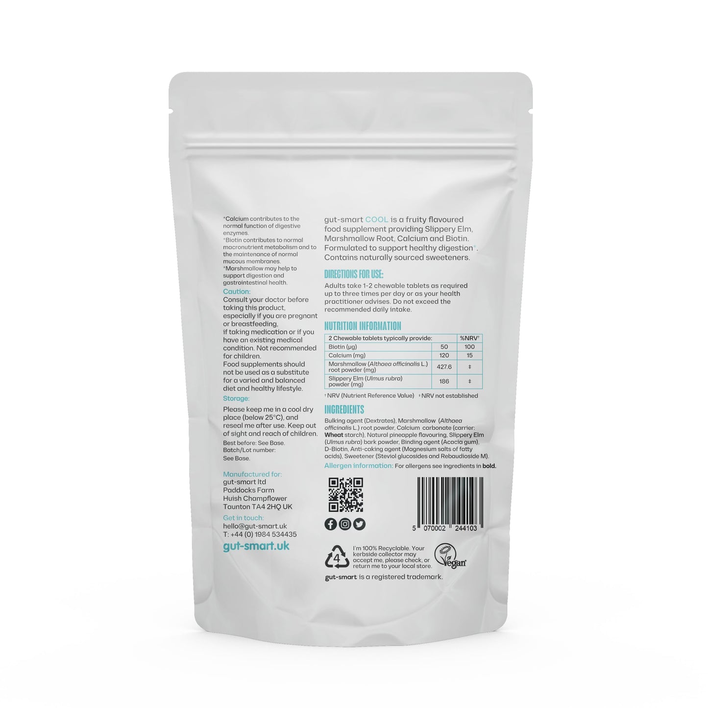 Gut - Smart Gut–Smart COOL, 60 x Chewable Tablets, Heartburn Relief, Antacid, Natural Supplements for Healthy Digestion, Contains Slippery Elm, Marshmallow Root, Calcium and Biotin, POCKET TIN Included