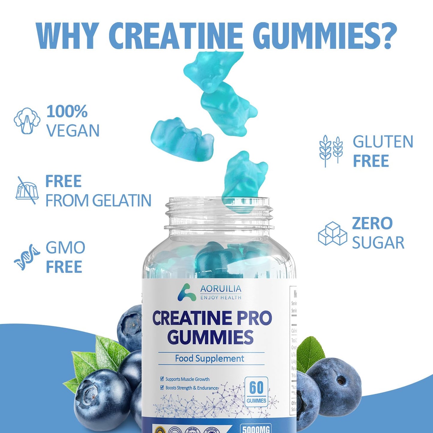 Aoruilia Creatine Gummies for Men & Women 5000mg 60 Chewable Creatine Monohydrate Gummies for Muscle Strength & Growth Sugar Free Pre-Workout Supplementm Vegans Gym (Blueberry Flavour)
