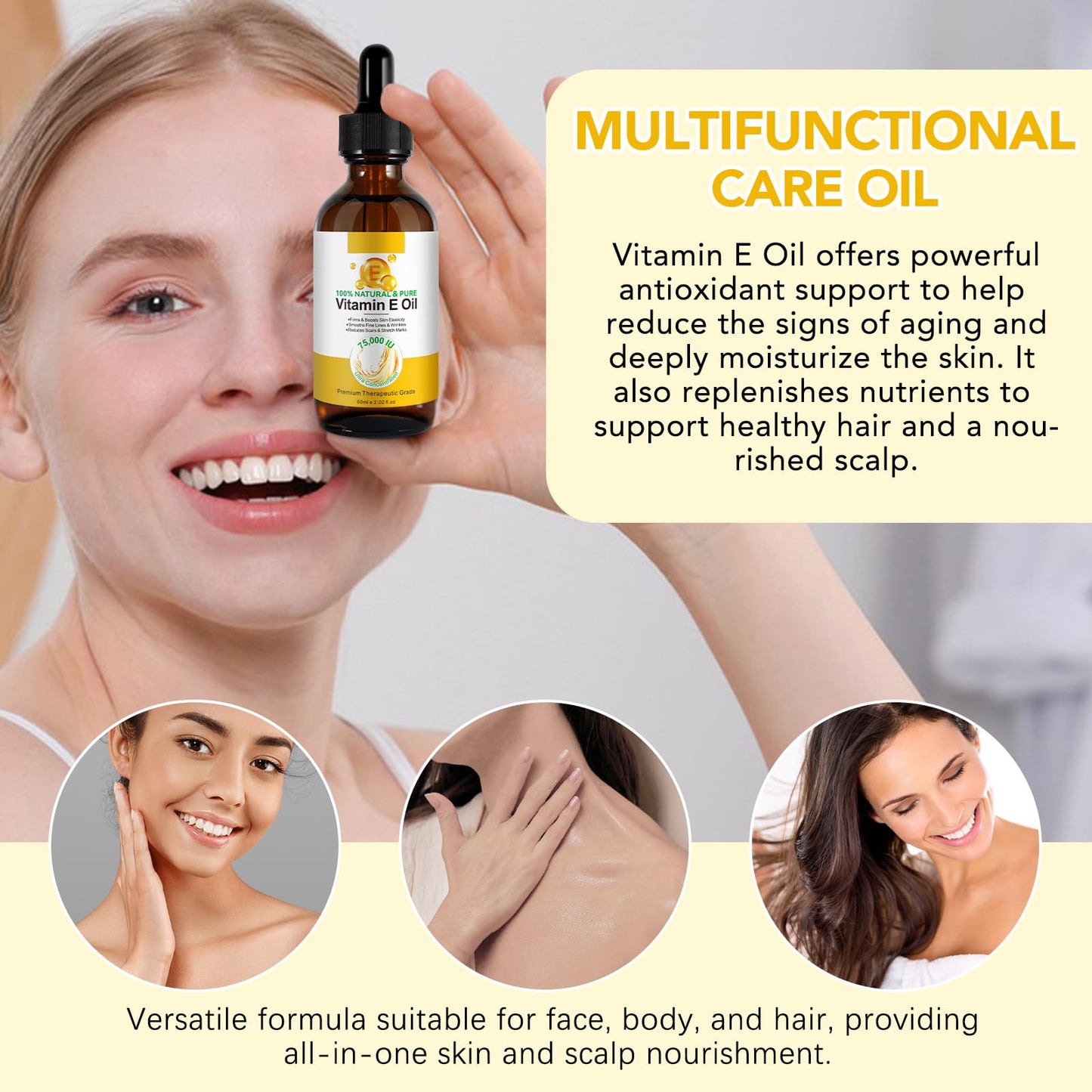 Generic Vitamin E Oil for Skin 75,000 IU, 2Fl Oz Pure Vitamin e Oil for Scars, Hair, Face and Scalp, Moisturizing Dry Skin, Reduces Winkles and Fine Lines, Perfect Bath and Body Oils