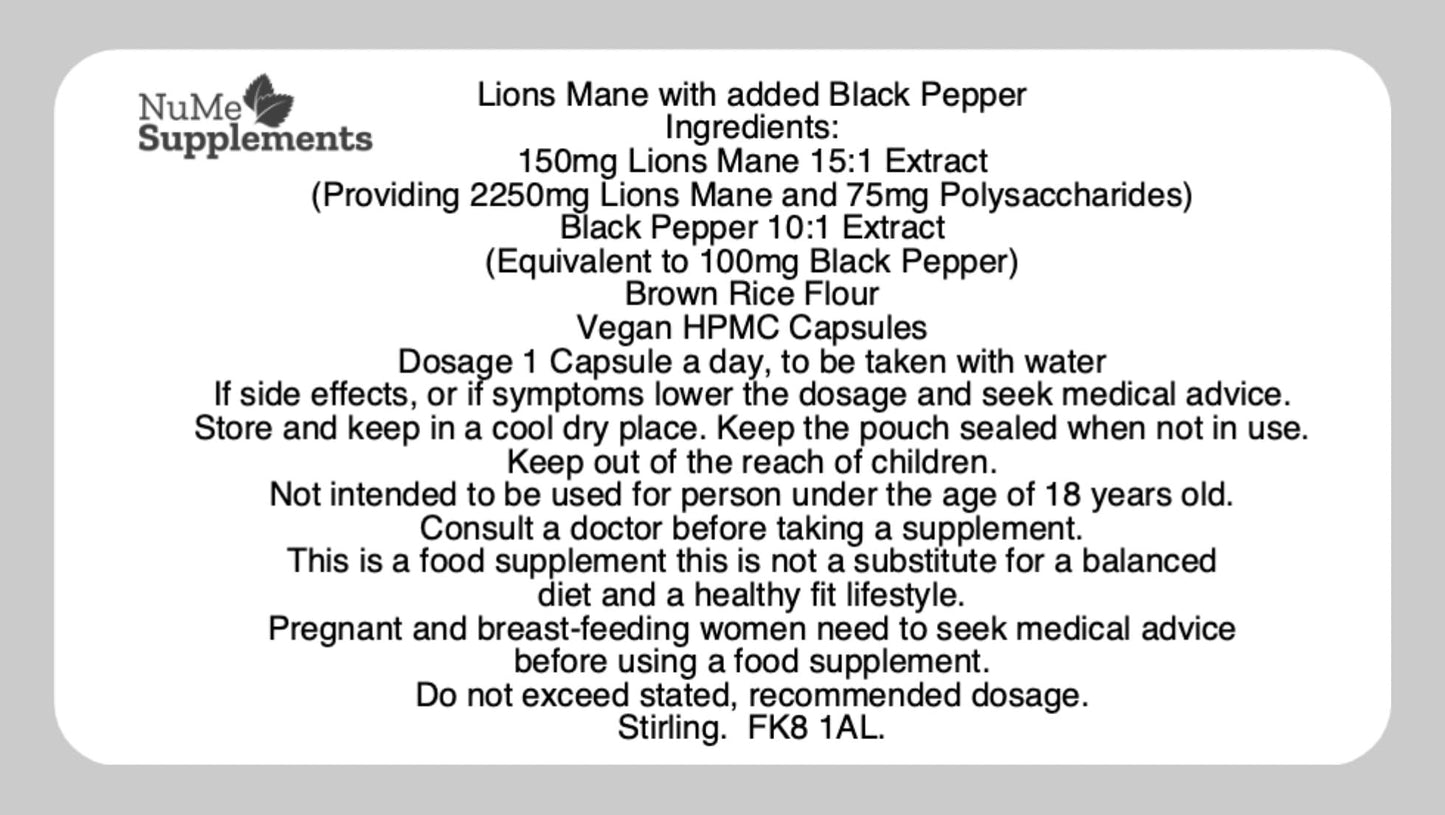 NuMe Supplements Lions Mane 2250mg Supplement | 60 Capsules (2 Months Supply) | GMP HACCP and UK Made | GMO-Free | 50% Polysaccharides Black Pepper for High Absorption Mental Performance Immune System
