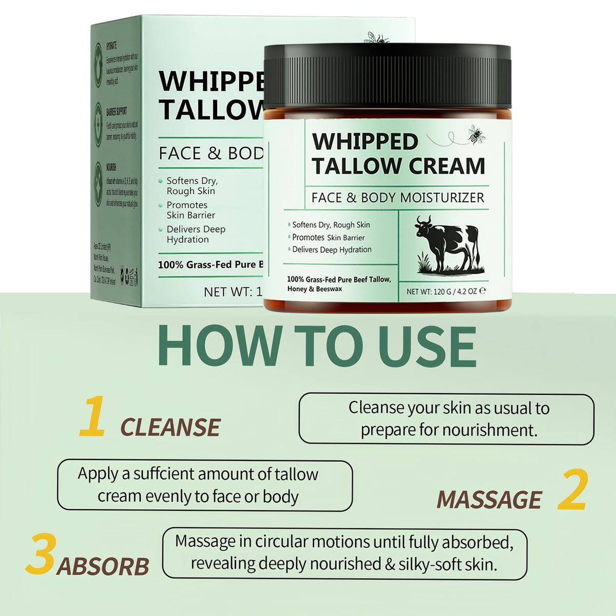Wormeer Beef Tallow for Skin Care 120g, Honey Balm, Beef Tallow Moisturiser, Grass-Fed Whipped Face Cream with Raw Honey, Deep Hydration for Women