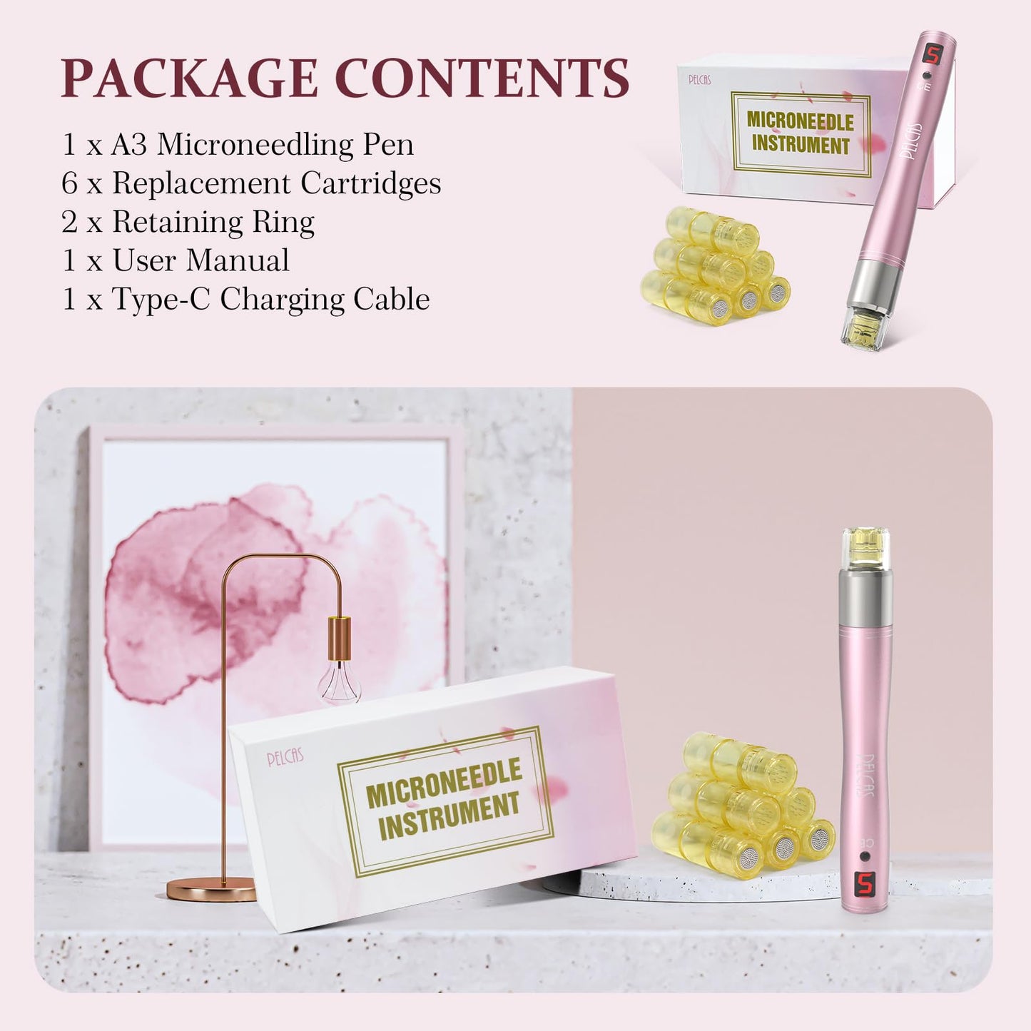 Automatic Serum Applicator Microneedling Pen PELCAS, A3 Electric Derma Pen Level 5 with LCD Screen Rechargeable Cordless Dermapen for Scars,Wrinkles,Stretch Marks,Acne,Skin Rejuvenation(Rose Gold)