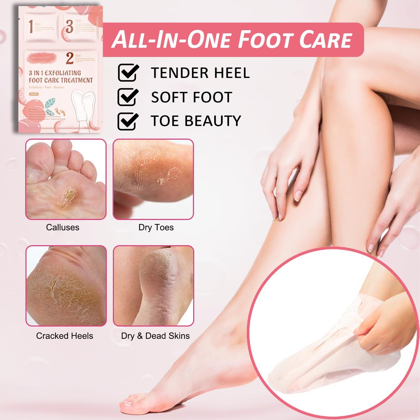 Shengqialun Foot Peel Mask With Peach Extract - Foot Mask For Hard Skin & Calluses - 3-In-1 Foot Care For Exfoliation, Moisturizing & Renewal - Natural Formula For Soft & Smooth Feet