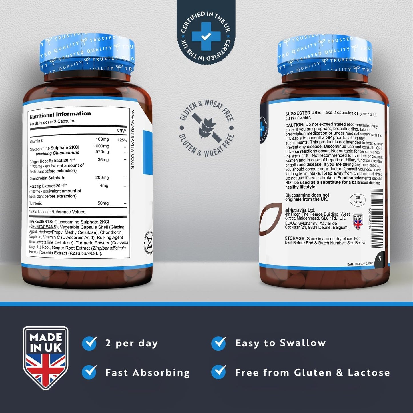Glucosamine and Chondroitin Complex (2 Packs of 180) – 360 High Strength Capsules – Contributes to Maintenance of Normal Immune System – Vitamin C, Turmeric, Ginger and Rosehip – UK Made by Nutravita