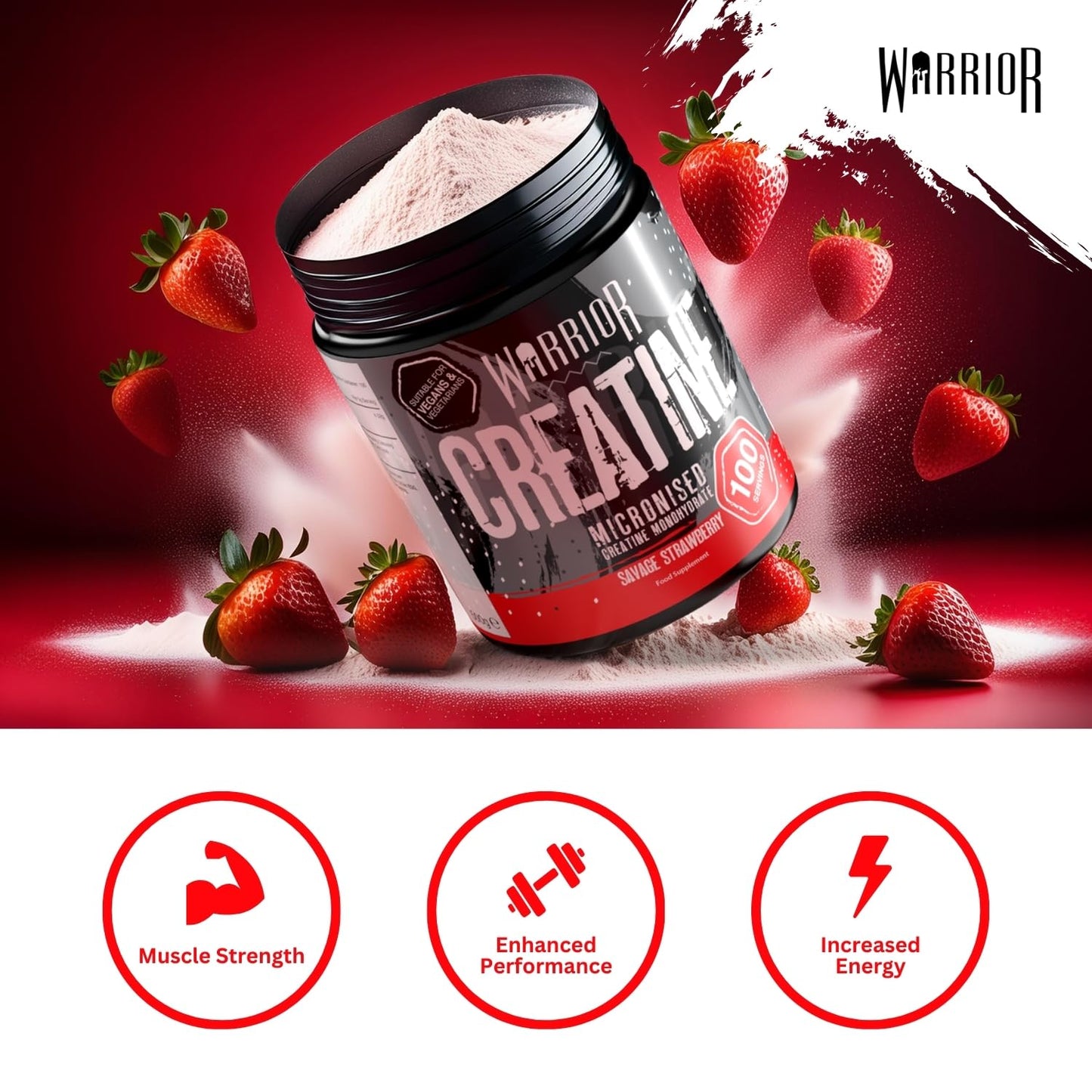Warrior Creatine Monohydrate Powder 500g – Micronised for Easy Mixing and Consumption – Proven to Improve Physical Performance/Recovery, 5g Servings (Savage Strawberry)