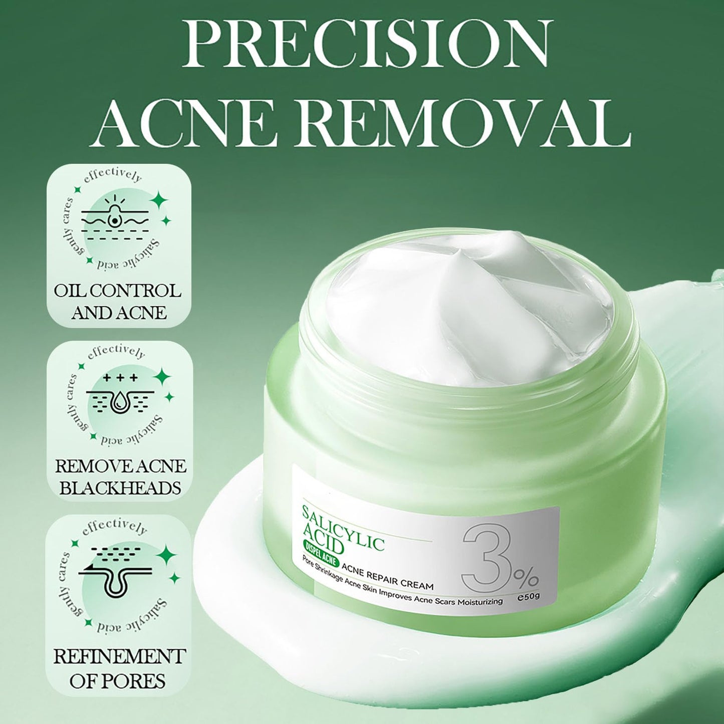 ISBEAUSOLS Salicylic Acid Acne Cream 50g - 3% BHA Spot Cream for Acne - Blackhead Remover - Dark Spot Remover for Face - Scar Removal Cream - Moisturizing Face Cream for Women - Pimple Cream for Redness