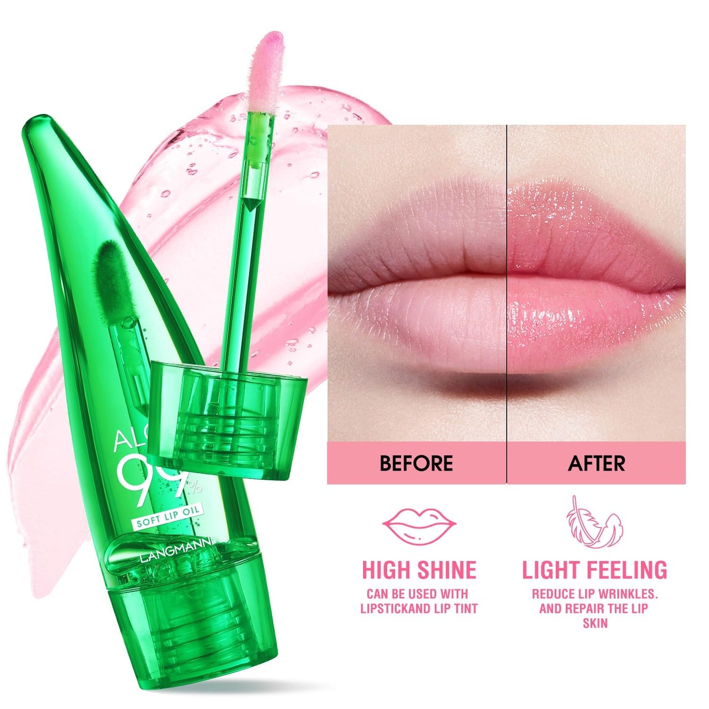FANFALUV Aloe Vera Lip Oil,Magic Colour Changing Lip Oil,Plumping Lip Gloss Set-Long Lasting,Moisturizing,Hydrating,Non-Sticky,Aloe Vera Lip Balm (1pack)
