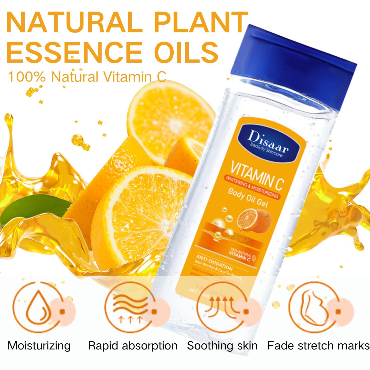 Essential Oils for Skin - Body Oil for Women - 100% Natural Vitamin C Facial Oil Gel,Face&Body Skin Care - Massage Body Oil for Dry Skin Easy Absorb&Anti Winkle 200ml