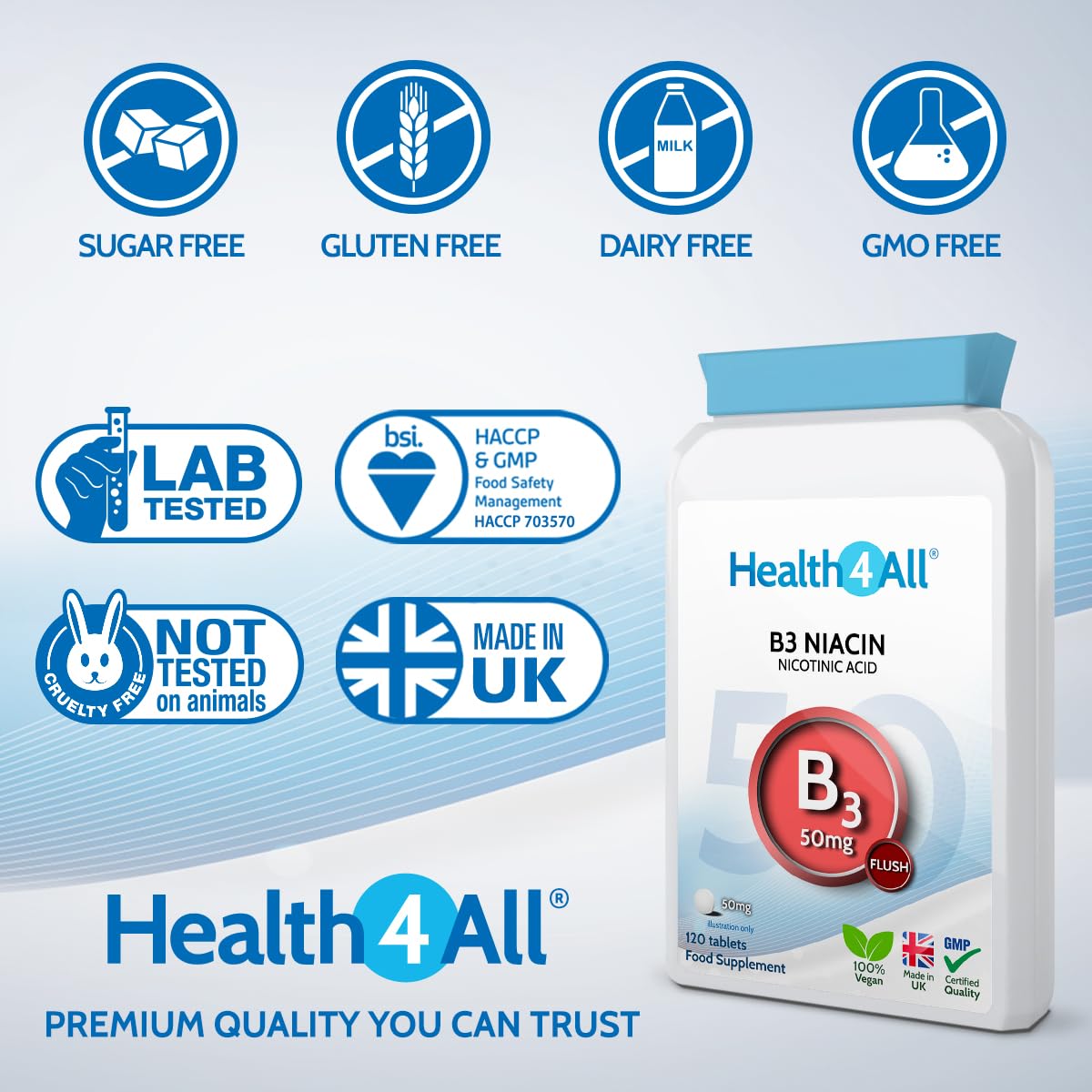Health4All Vitamin B3 Niacin as Nicotinic Acid (Flush Effect) 50mg 120 Tablets. Vegan Niacin Flush Supplement Tablets. Made in The UK.