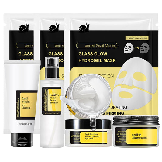 Snail Mucin Skin Care Set For Women, 7 PCS Snail Skin Care Sets & Kits For Girls, Facial Kit with With Face Mask, Cleanser, Serum, Face Cream, Eye Patches, Face Mask Basic Improve Dull Skin