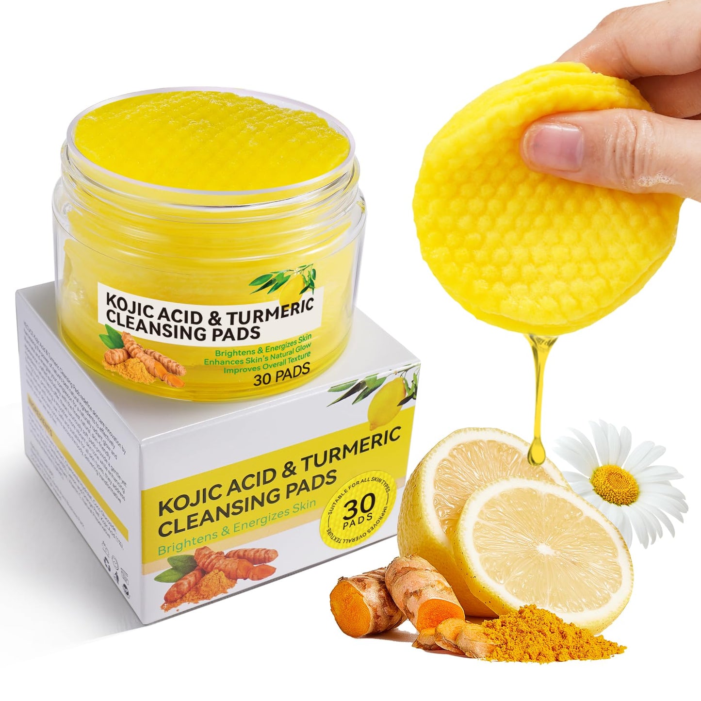 Generic Turmeric Kojic Acid Cleaning Pads, 60Pcs Turmeric Exfoliating Pads, Deep Clean Pores, Remove Excess Keratin, Helps Balance Skin Oil And Water, Unclog Pores, Improved Acne Scars and Dark Spots