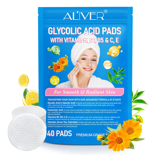Generic Glycolic Acid Pads 40P, Acid Brush Cotton Pads, Glycolic Acid 20% Resurfacing Pads, With Vitamins B3, B5, C, E & Collagen, Exfoliates Surface Skin, For Smooth & Radiant Skin