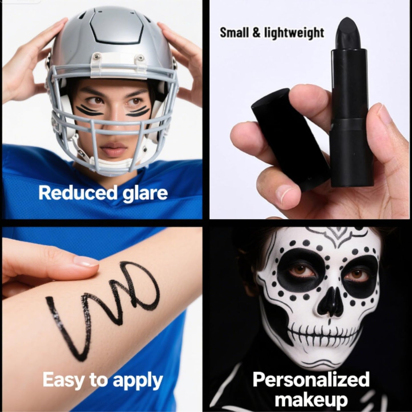 SHEBEEDO 3PCS Black Face Paint Stick, Sweat Proof & Water-Resistant Body Paint,Easy to Color Halloween Long-Lasting Black Lipstick, Ideal for Sports & Makeup with Face Paint Sticks