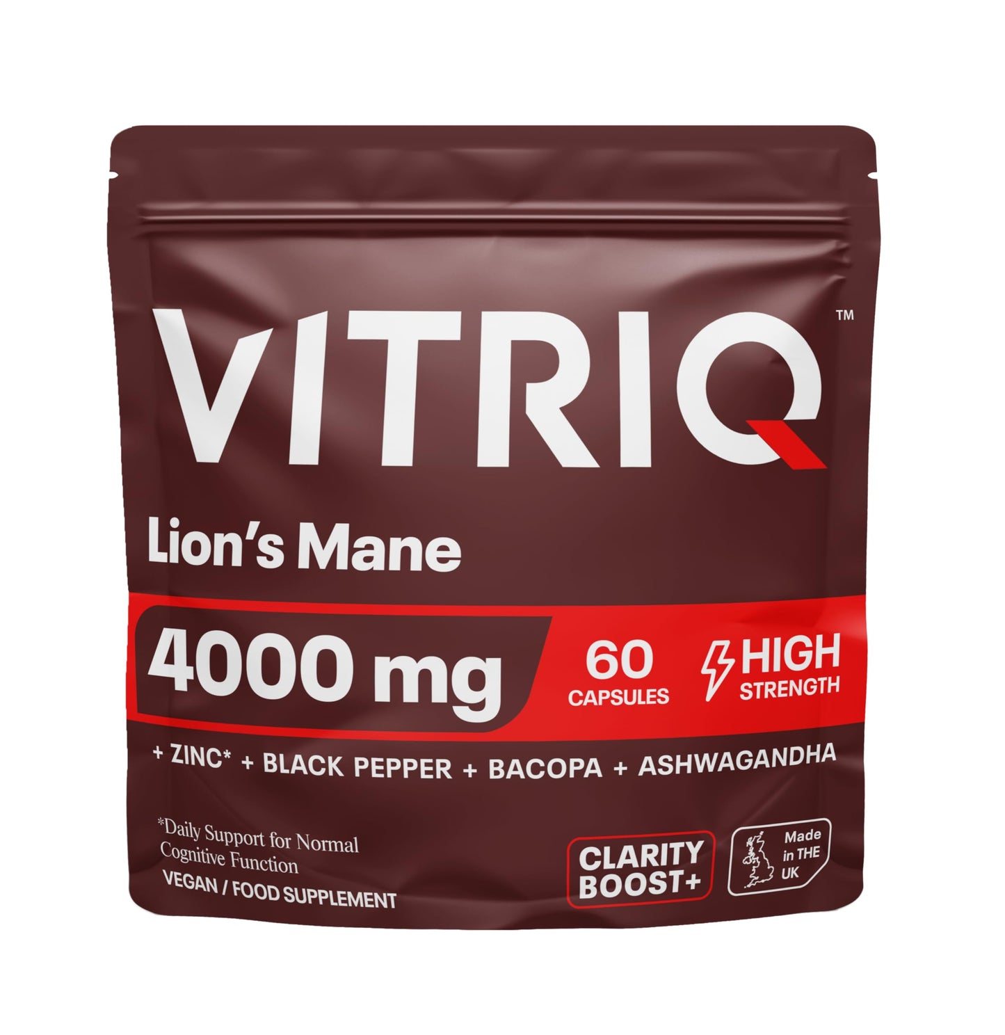 VITRIQ™ Lion's Mane 4000mg High Strength Supplement Capsules with Ashwagandha, Zink, Bacopa, Black Pepper for Daily Stress Relief & Clarity Boost+ Complex, 60 Capsules
