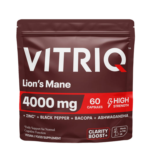 VITRIQ™ Lion's Mane 4000mg High Strength Supplement Capsules with Ashwagandha, Zink, Bacopa, Black Pepper for Daily Stress Relief & Clarity Boost+ Complex, 60 Capsules