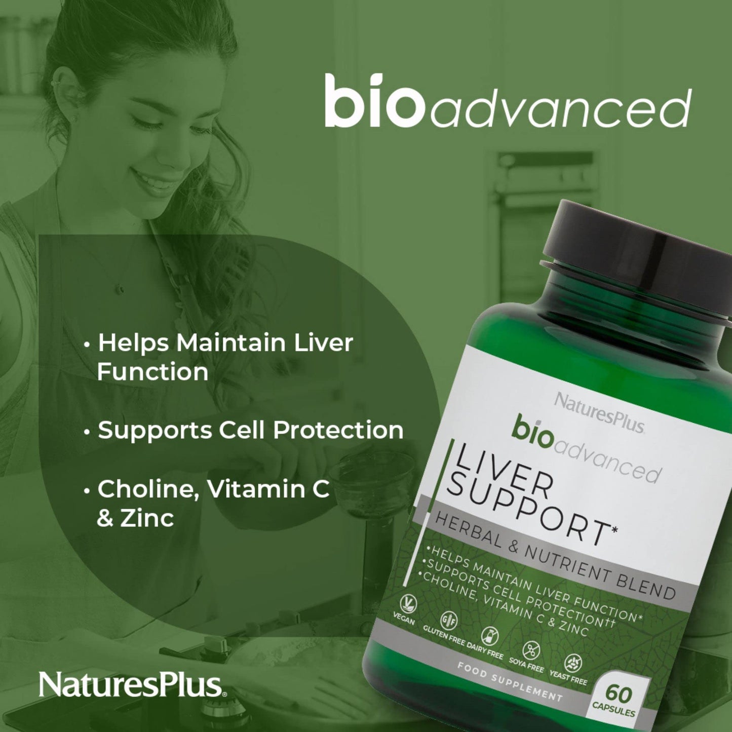 NaturesPlus BioAdvanced Liver Support - Liver Health Supplement with Turmeric, Artichoke, Milk Thistle, Dandelion, Choline and Methyl Bs - Gluten, Dairy and SOYA Free - Vegan - 60 Capsules