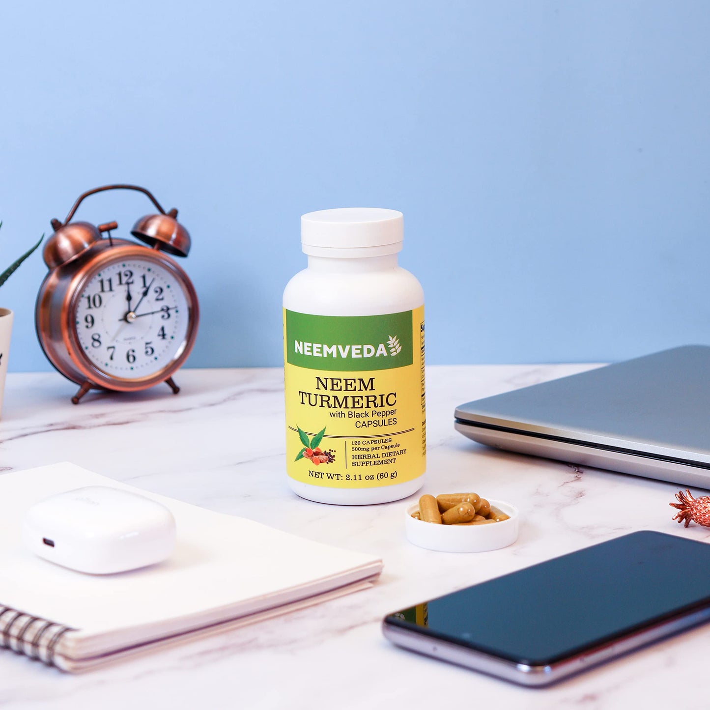 Neemveda Neem Turmeric Capsules with Black Pepper 120 Veg Capsules (Detox, Eczema, Skin Supplement)
