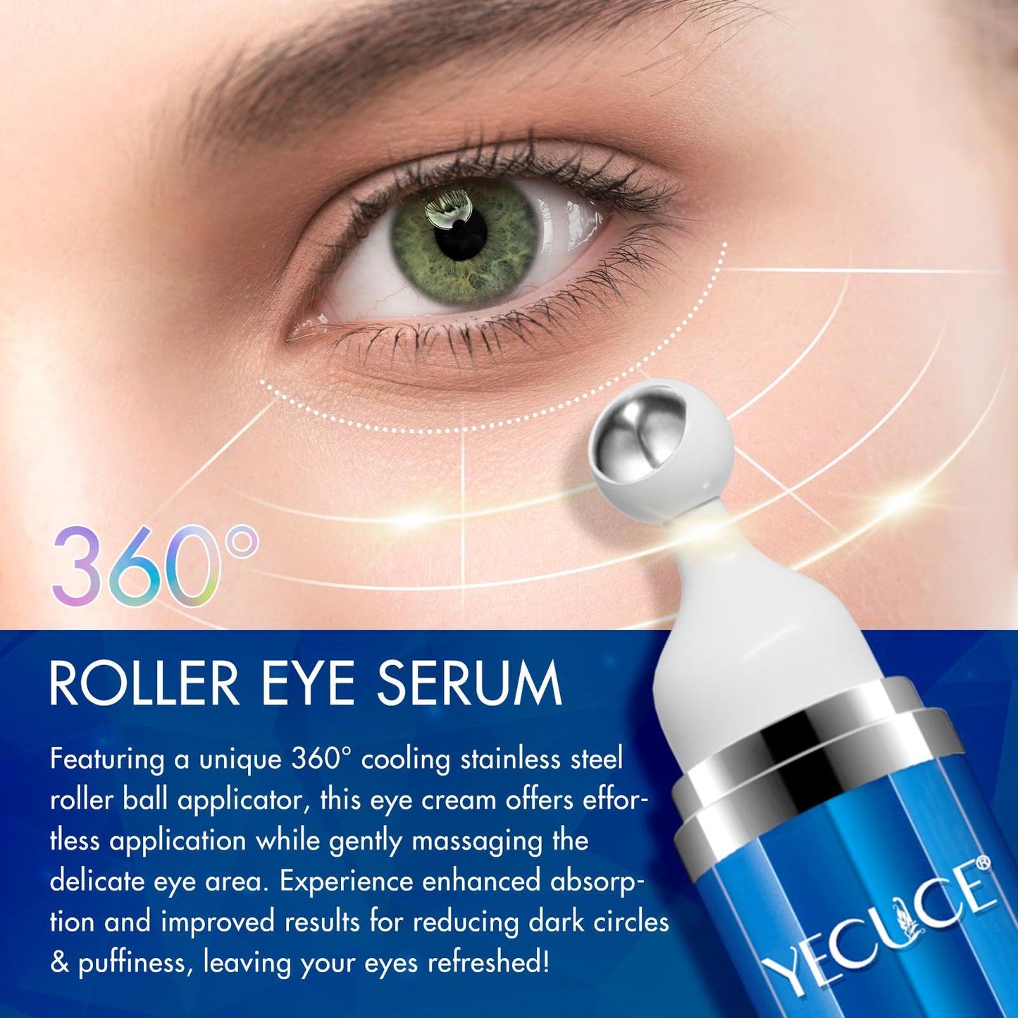 Generic Eye Serum for Dark Circles and Puffiness, Under Eye Serum with 5% Caffeine Anti Aging Smooths Fine Lines and Wrinkle Appearance, Eye Cream with 360° Eye Roller Massage Ball