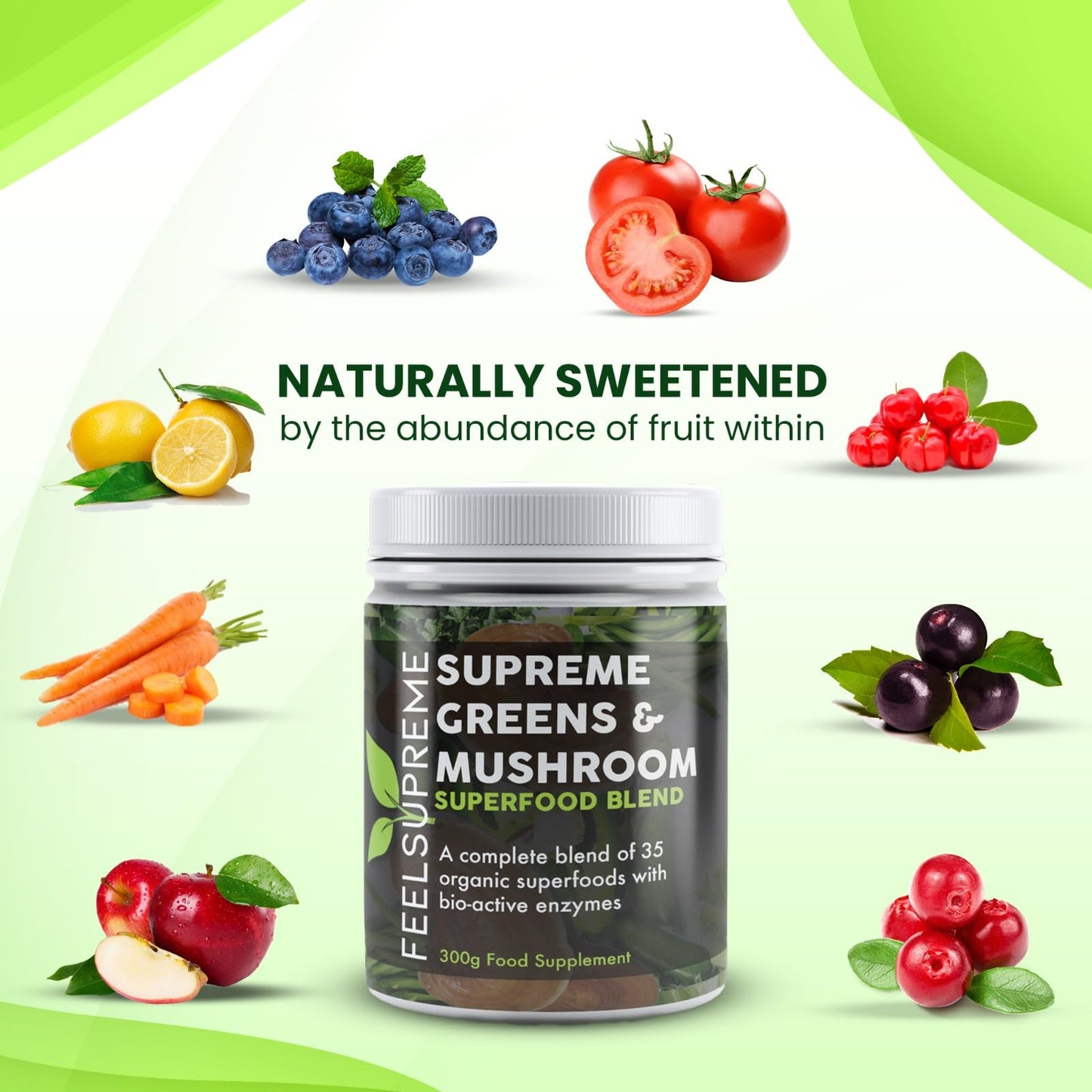 Super Greens Powder with Mushroom Large 300g 35 Nutrient Dense Superfoods 100% Natural No Added Sugar Naturally High in Fibre Protein & Vitamin C Spirulina Turmeric Wheatgrass