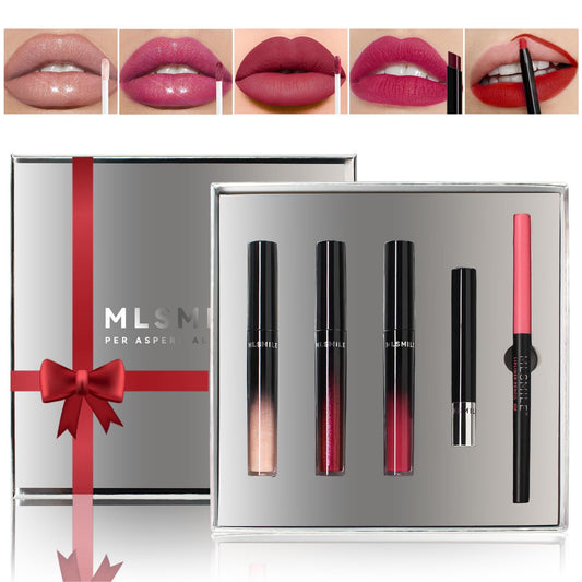 5pcs Lip Liner Lip Gloss Lipstick Set All In One Lip Kit Glitter Lip Gloss Matte Velvety Lip Liner And Lipstick Set High Pigmented Non-Stick Cup Red Lipstick And Liner Set Gift For Girls Lip Set