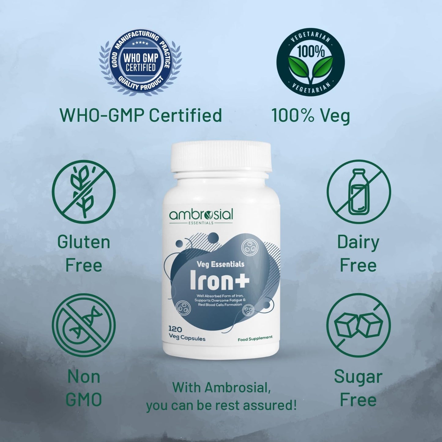 Ambrosial Iron Tablets High Strength 25mg| Iron Supplements for Women & Men Blood Support & Helps Reduce Tiredness & Fatigue | Enhanced Absorption & Non - Constipating (Pack of 1-120 Capsules)