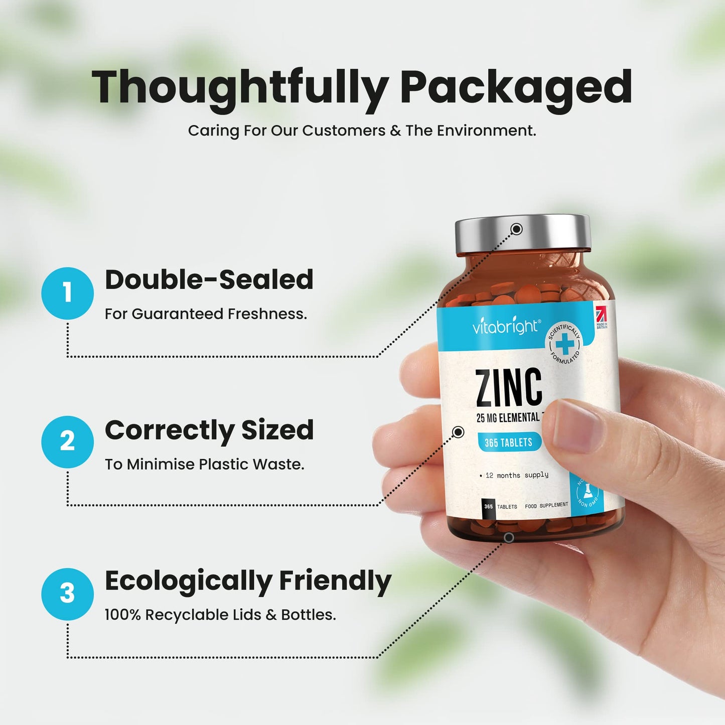 Zinc Tablets High Strength - 25mg Elemental Zinc – 365 Vegan Tablet Pills (1 Year Supply) – Zinc Gluconate - Chelated Zinc Supplements for Immune System, Hair, Skin, Bones, Nails – Made by VitaBright