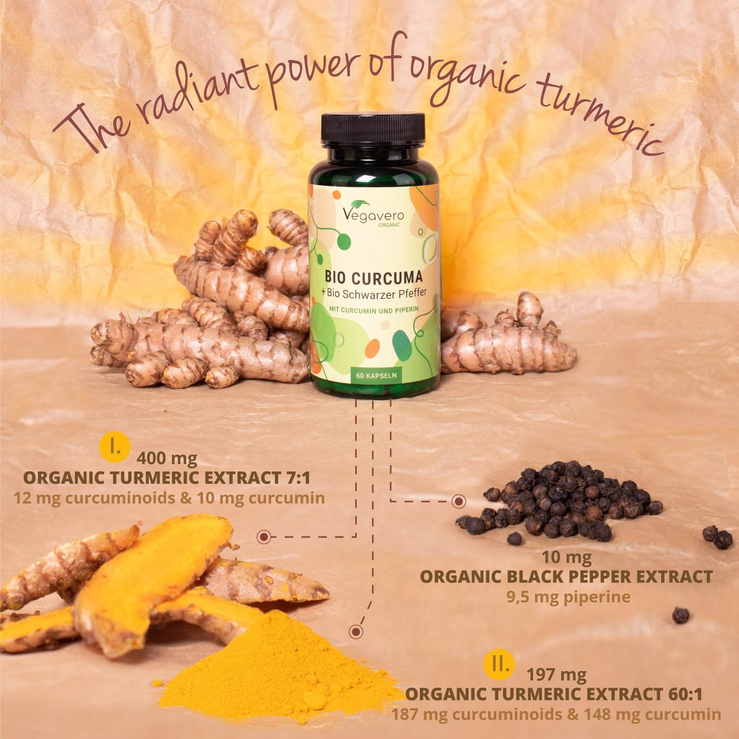 Vegavero Organic Turmeric 14620mg | Curcumin 158mg | Curcuma with Black Pepper | Piperine + Curcuminoids | NO Additives | Vegan