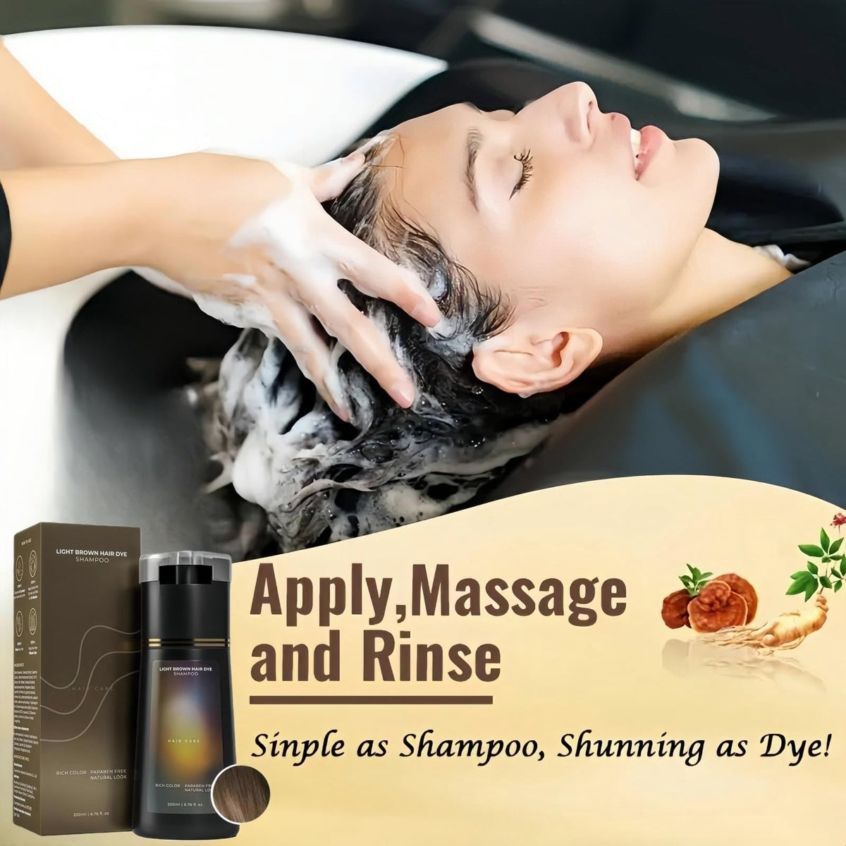 OunTechGlory 3-in-1 Instant Hair Dye Shampoo - Light Brown, Hair Dye, Semi Permanent Dye, Color Treated & Grey Coverage Shampoo