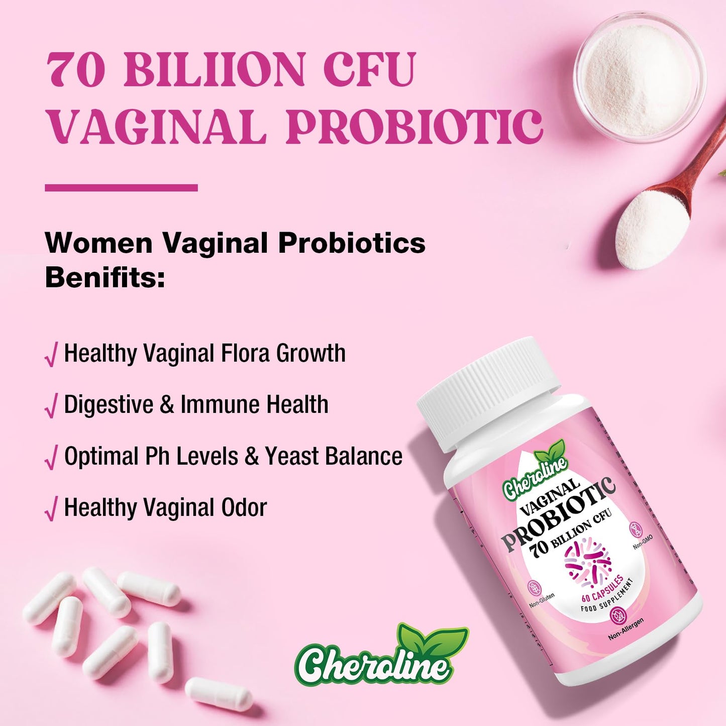 Cheroline Vaginal Probiotics for Women, 70 Billion CFU, 7 Strains with Prebiotic Blend, 13-in-1 Probiotic for PH Balance, Vaginal, Urinary & Immune Health, 60 Vegan Capsules (60 Count (Pack of 2))
