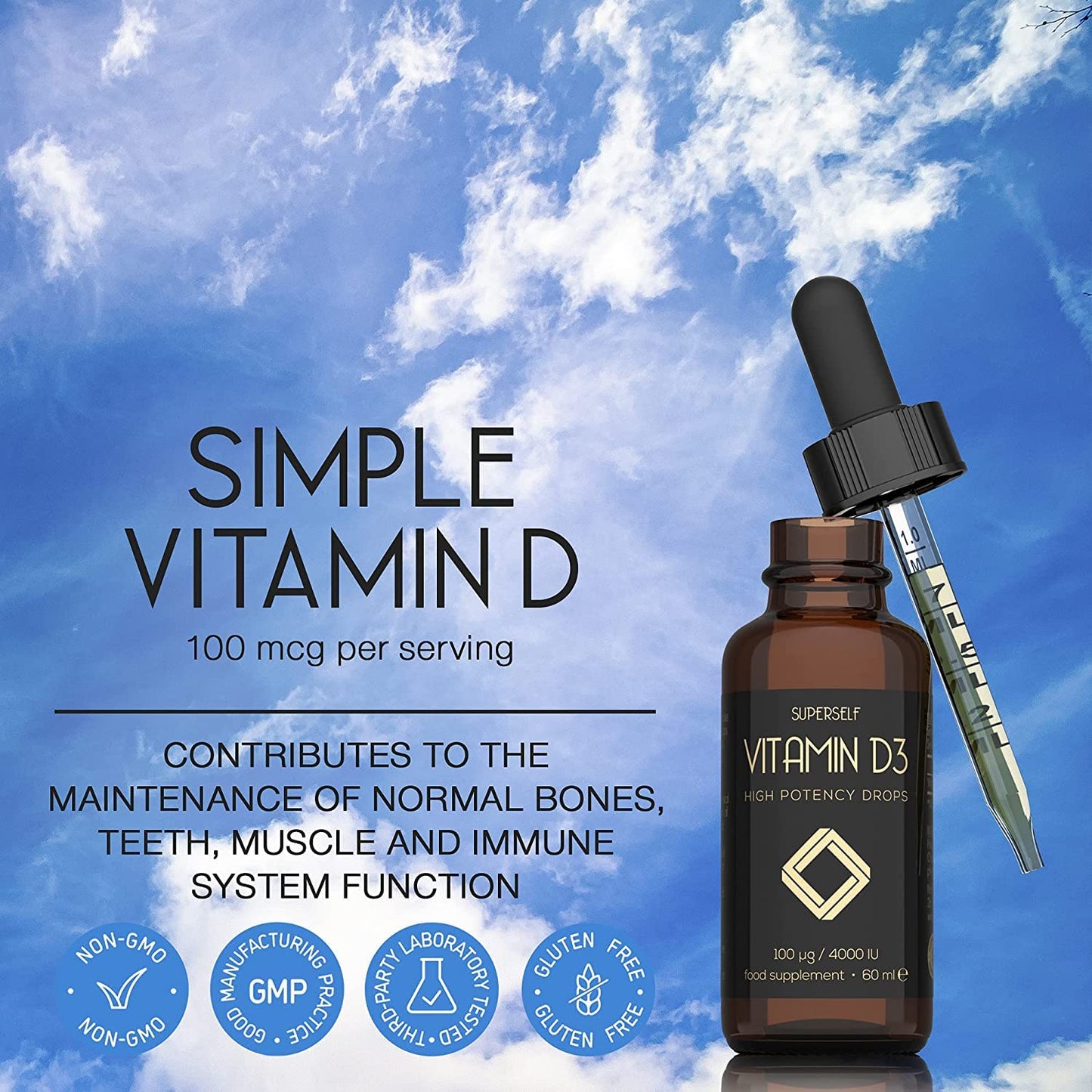 SuperSelf Vitamin D Drops - Vitamin D3 4000 IU Liquid for Adults - 60ml 1200 Drops - High Strength & Absorption Supplement for Strong Bones, Teeth, Immune System - Vit D 1000IU per 1 Drop - UK Made & Vegetarian