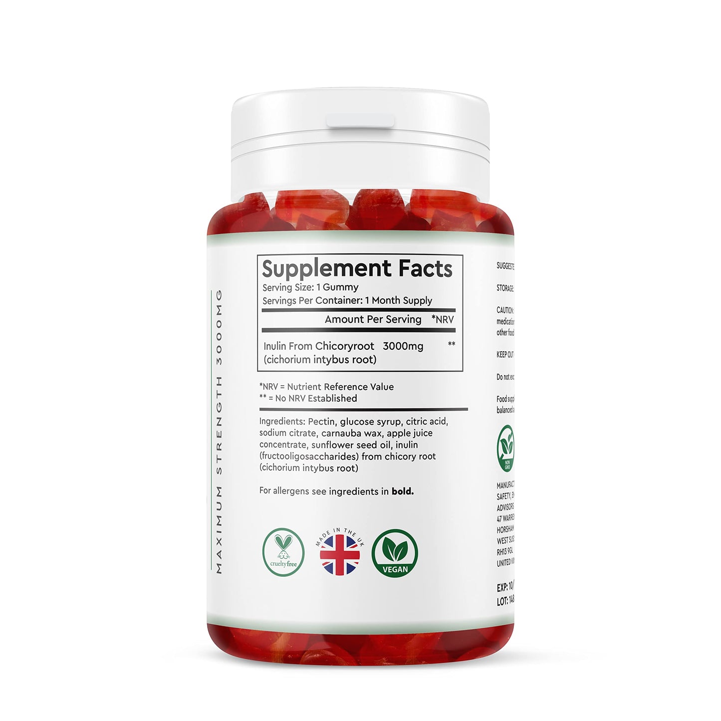 Fibre Gummies 3000MG - Vegan - One Month Supply - Berry Flavour Prebiotic Tapioca Chicory Root - High Strength Fibre Supplement