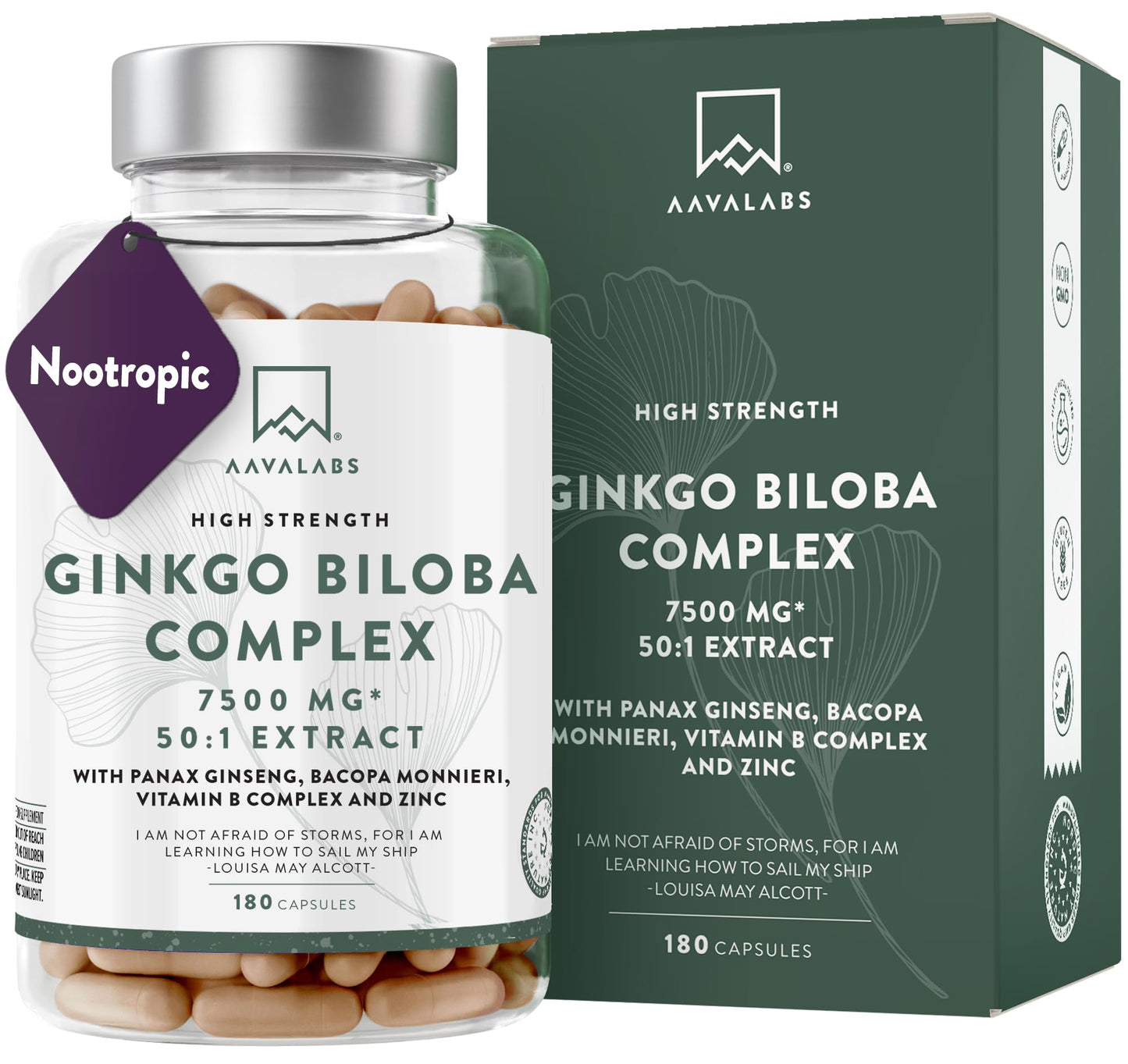 Ginkgo Biloba High Strength -7500mg (50:1 Extract) + Bacopa Monnieri, Ginseng and Ginkgo Biloba Herbal Supplements + VIT B6, B1, B2, & Zinc -180 Nootropic Ginkgo Biloba Capsules - Packed w/Flavonoids