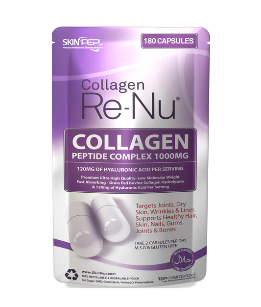 Collagen Peptide 180 Capsules 1000mg, with Hyaluronic Acid (Not Collagen Powder) - 1 Month Supply - Premium Halal Double Hydrolysed Type 1&3 Collagen Supplements for Women & Men - by SkinPep