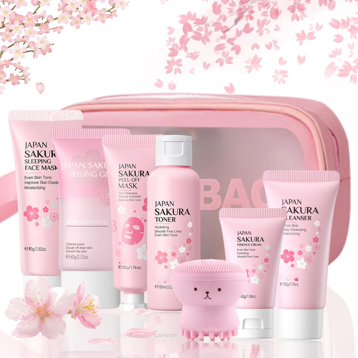 Skin Care Sets & Kits - Skincare for Teenage Girls Gift Set - Face Care For Pores,Exfoliate,Sakura Travel Kit - Mask,Peel Mask,Toner,Gel,Cleanser,Cream,Facial Cleansing Brush,Bag(8pcs)