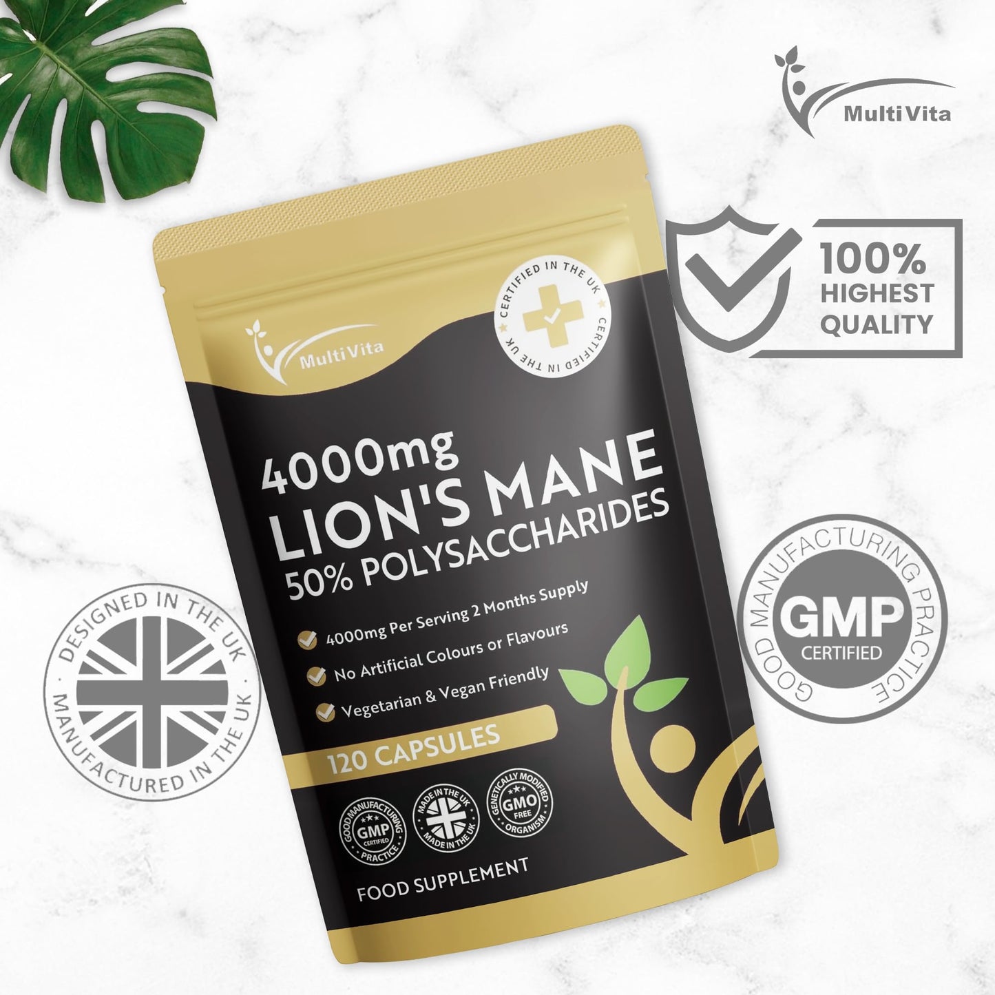 Multivita Lion's Mane Mushroom Extract 4000mg - 120 High Strength Vegan Capsules, 2 Months Supply - Brain and Focus Supplement for Better Cognitive Health - (Not Powder or Tablets) UK Made GMO Free