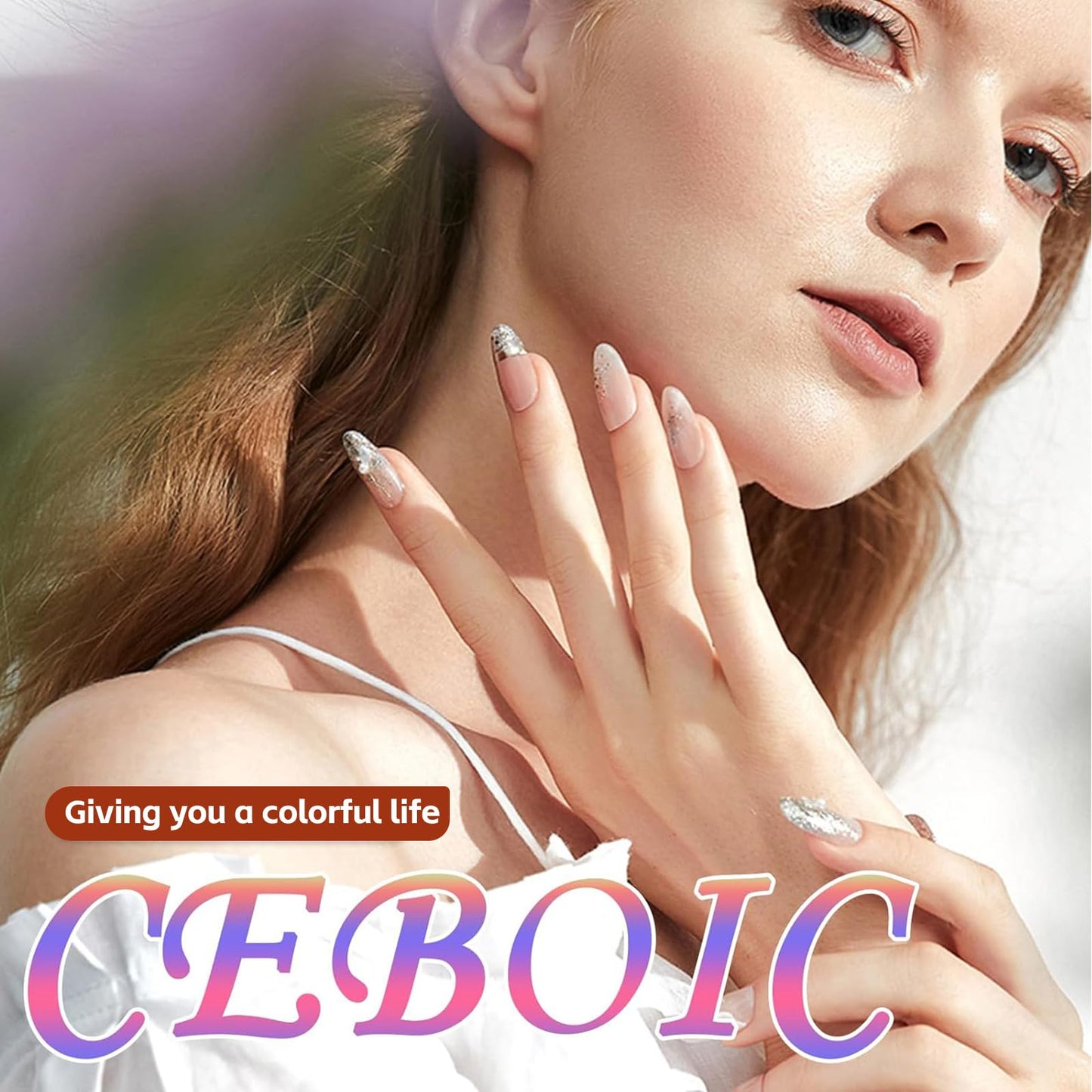 Ceboic Pack of 24 Coffin Nails for Sticking Medium Purple Glitter French Artificial Nails Press On Nails with Silver Sequins Design Full Cover Acrylic Artificial Nails Square Fingernails Fake Nails