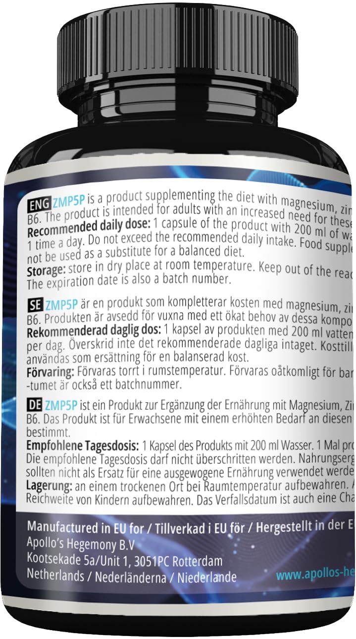 ZMP5P 375 mg per Portion - Magnesium, Zinc, Vitamin B6 in Chelated Form - 120 Vegan Capsules - 40 Day Supply - for Enhanced Health and Wellness - by Apollo’s Hegemony