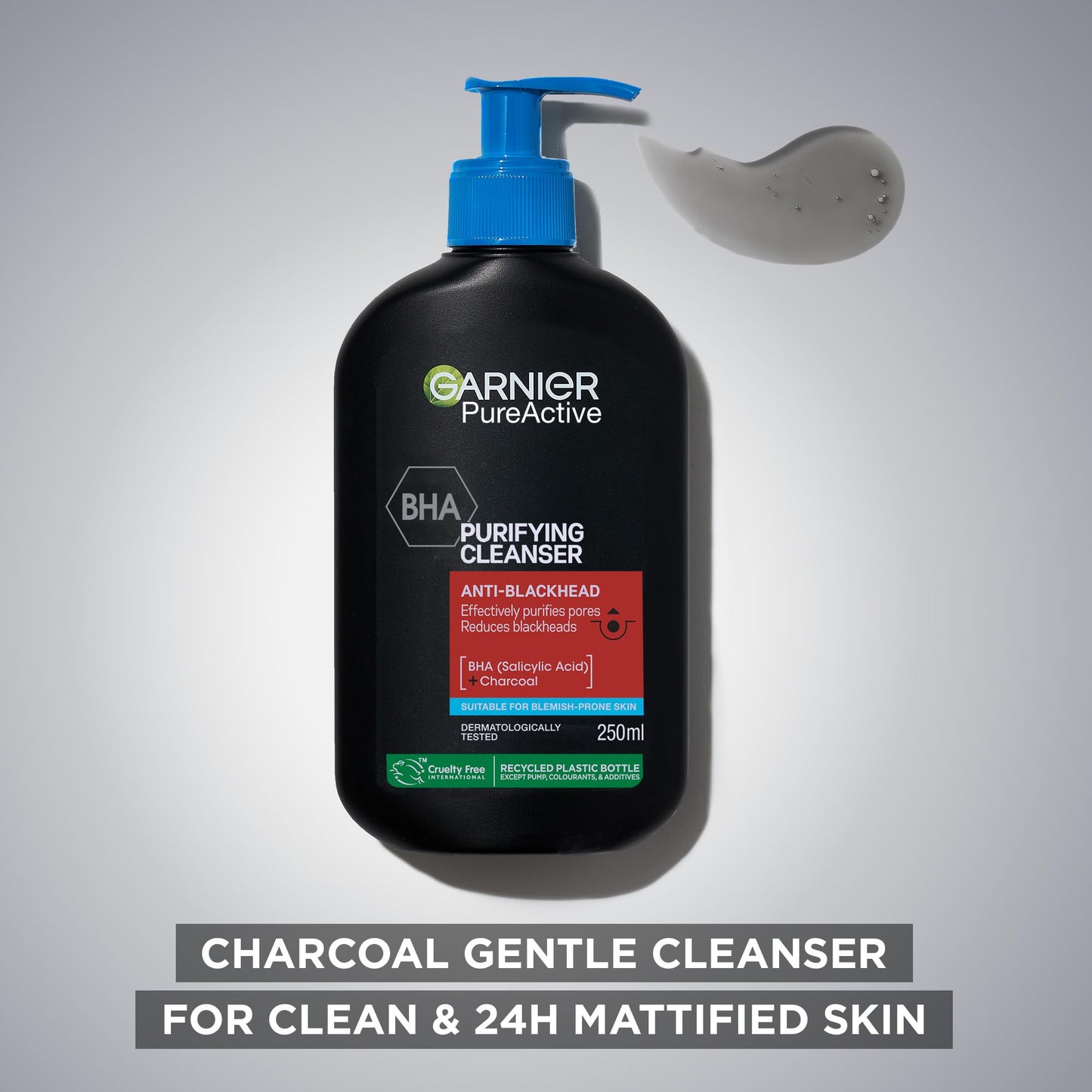Garnier Pure Active BHA (Salicylic Acid) + Charcoal Daily Face Cleanser – Up to 24h Mattifying & Cleansing Gel For Blemish Prone Skin, Anti-blackhead – Vegan*, Leaping Bunny Approved