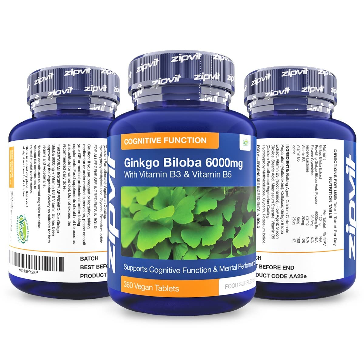 Ginkgo Biloba 6000mg Standardised Leaf Extract, 360 Vegan Tablets with Vitamin B3 and B5. Supports Focus, Mental Performance, and Energy. Vegetarian Society Approved. 12 Months Supply.
