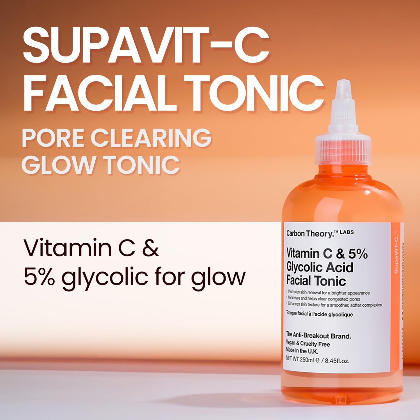 Carbon Theory Vitamin C and 5% Glycolic Acid Face Toner for Tired Dull Looking Skin, Minimises and Clears Congested Pores and Helps Improve Skin Texture and Tone 250ml