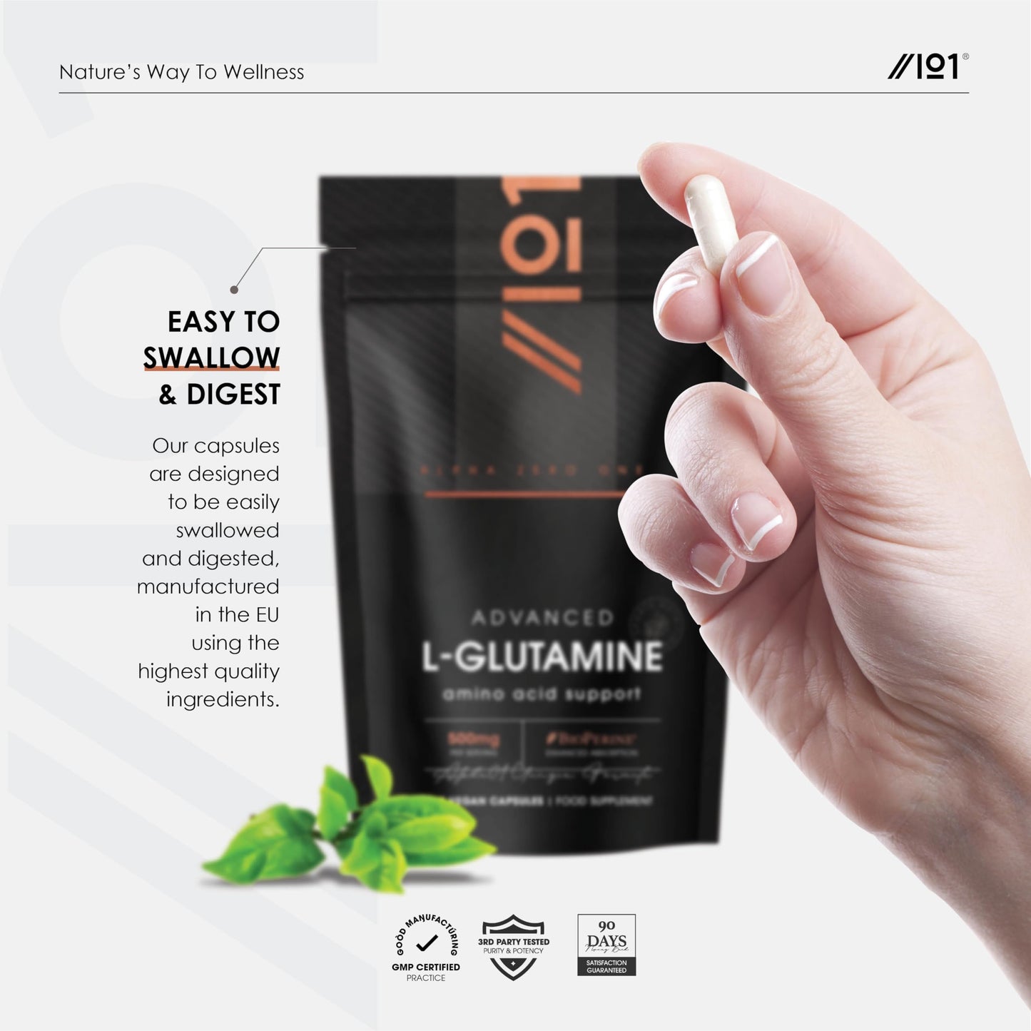 L-Glutamine 500mg with BioPerine® - 90 Veg Capsules (3 Months Supply) - Fermented Amino Acid Supplement - by Alpha01