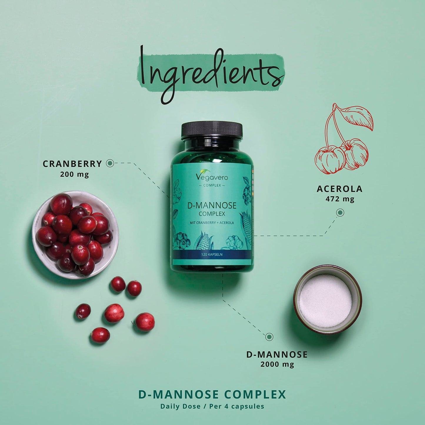 D-Mannose Complex Vegavero® | 100% Natural UTI Support | NO Additives, Lab-Tested | with Cranberry, Vitamin C, 2000mg D Mannose | 120 Capsules | Vegan