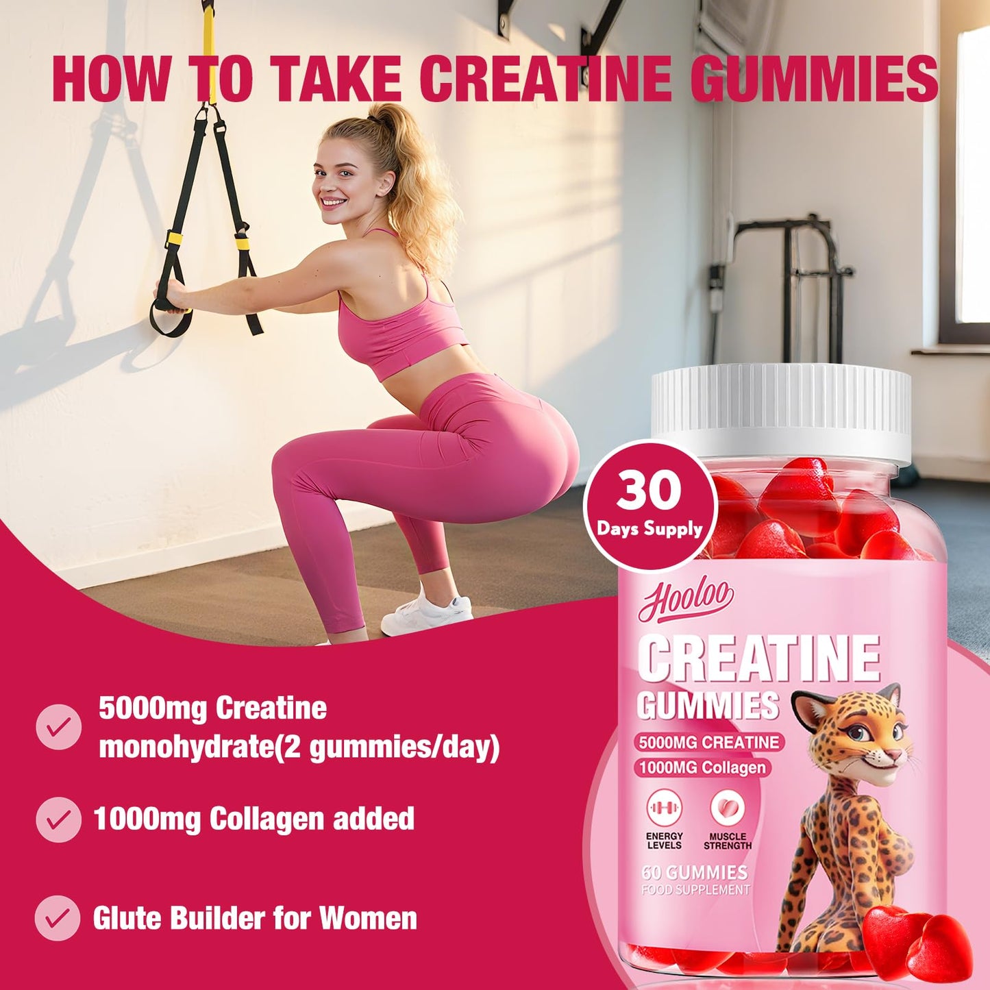 HOOLOO Creatine Gummies 5000mg Creatine Monohydrate with 1000mg Collagen (1 Month Supply) for Men & Women, Vegan & Sugar-Free, Easy Pre/Post Workout Gym Support for Performance and Muscle Power, 60 Count