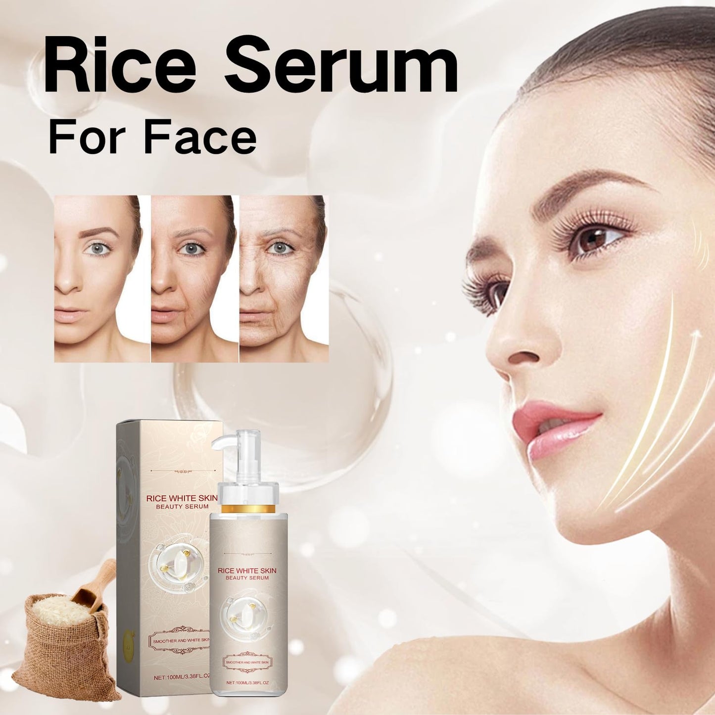 IZBEAUVO Organic Rice Serum, Anti-Wrinkle White Rice Face Serum, White Rice Serum for Face with Nicotinamide,White Rice Nourishing Essence Nourishing & Anti wrinkle & Dark Spot Remover Large-capacity 100 ML