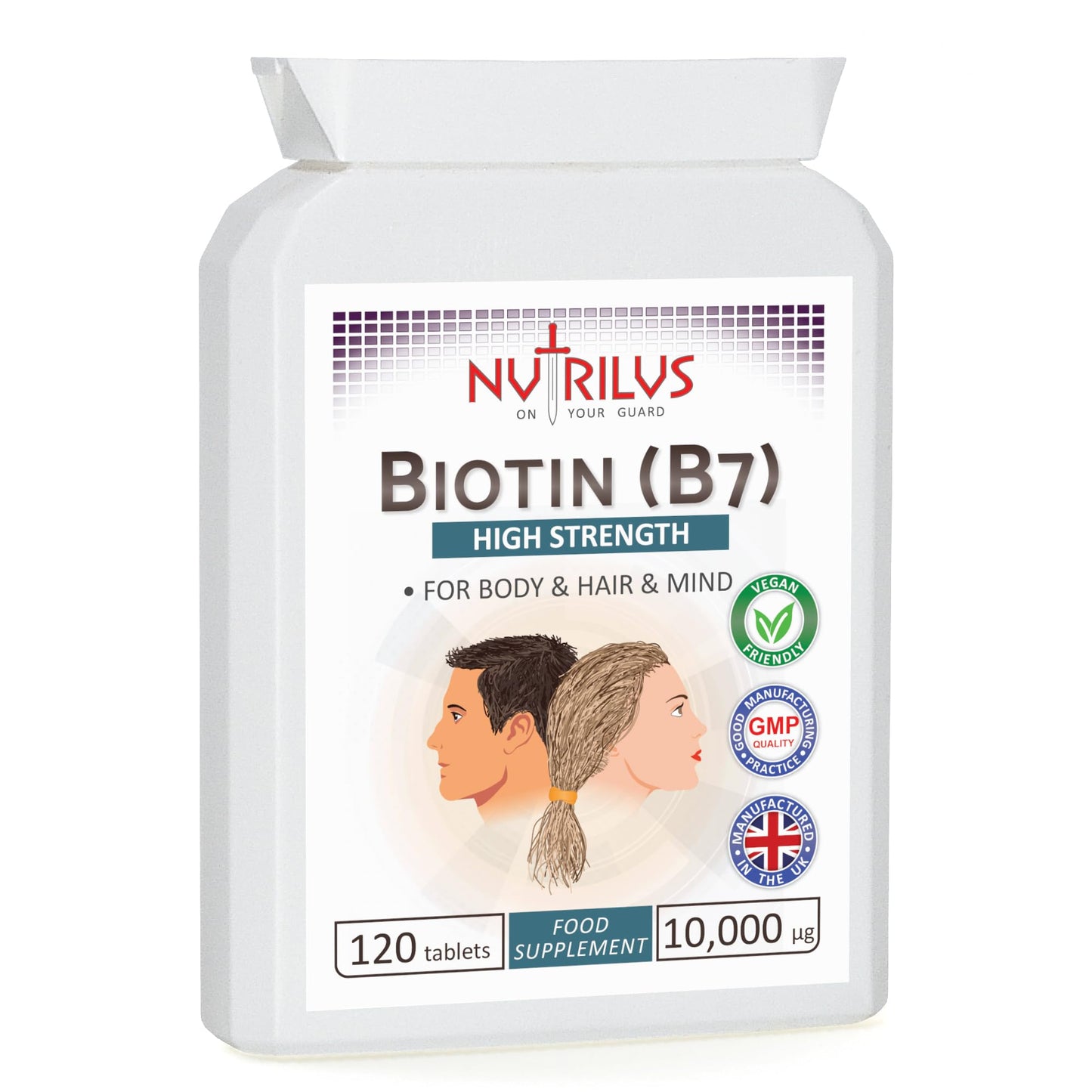Nutrilus Biotin 120 Tablets 10,000µg - High Dose - Active D-Biotin - One-a-Day - Hair, Skin - Metabolism - Energy